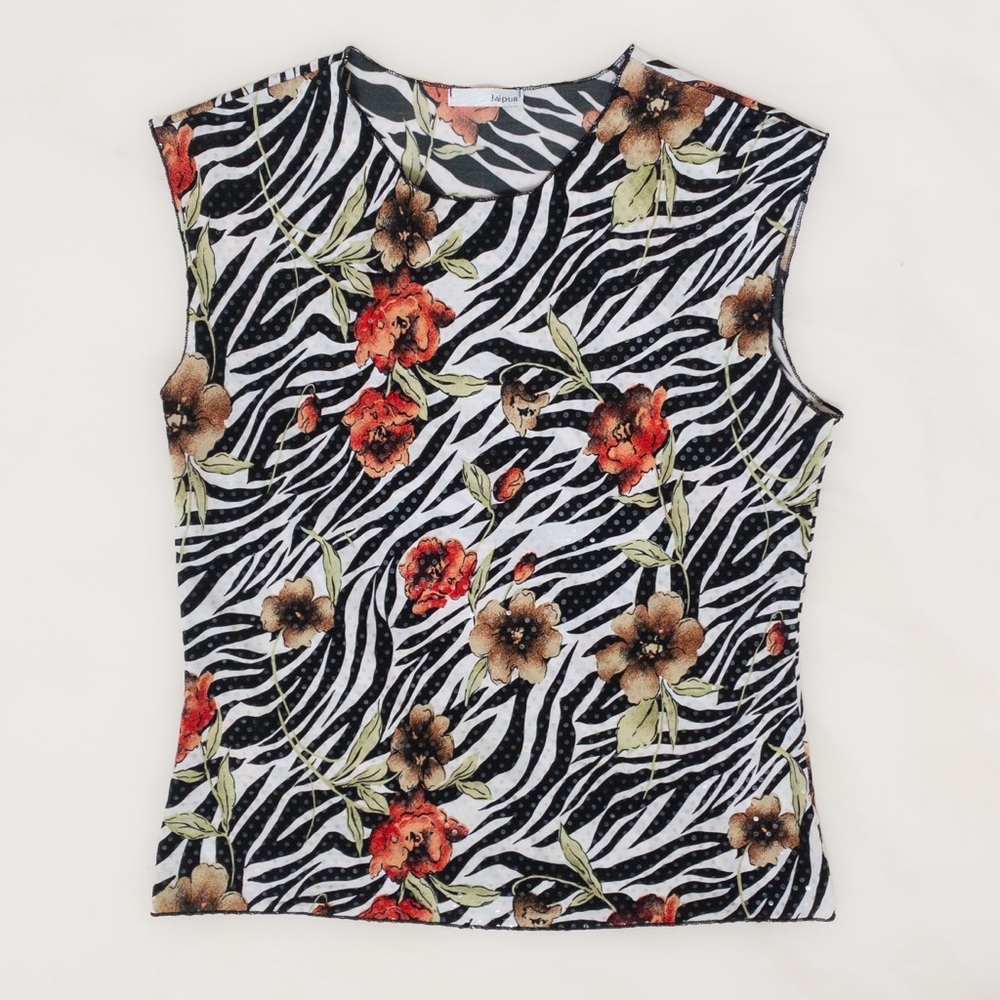 Zebra Print Tank with Red Floral Accents